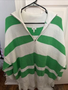 aerie Green and White Striped Half-Zip Sweater